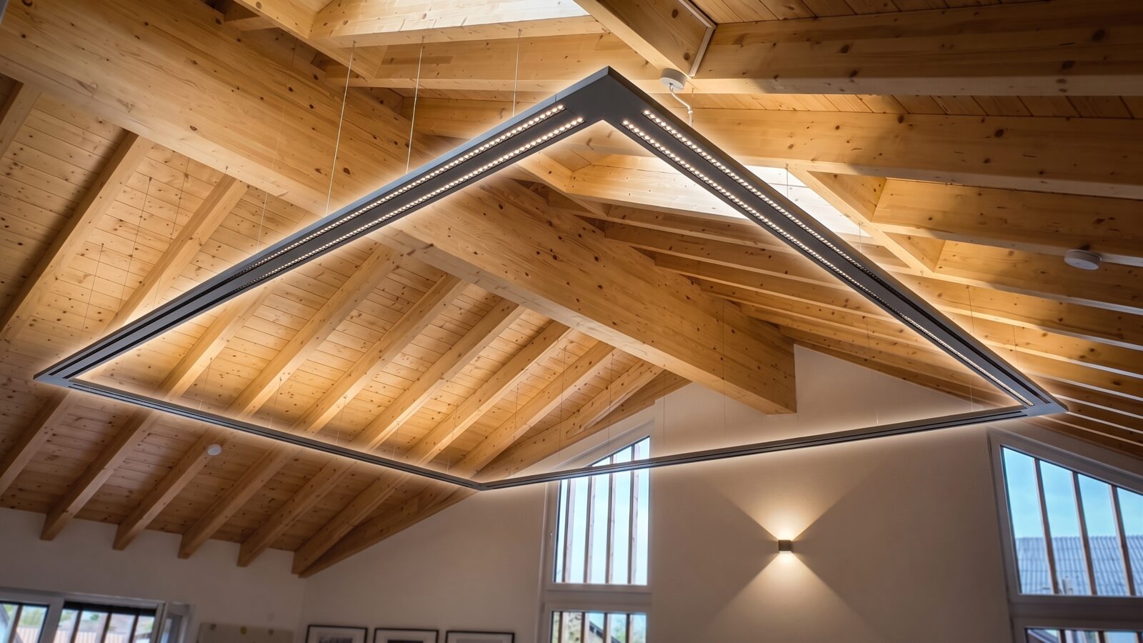 Moderne LED-Lichtlinien an einer Holzdecke