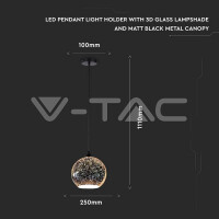 LED PENDANT LIGHT HOLDER E27 WITH 3D GLASS LAMPSHADE -250MM