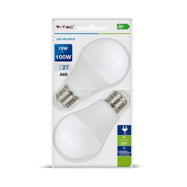 15W E27 A65 LED PLASTIC BULB 6400K 2PCS BLISTER PACK