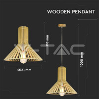 WOODEN PENDANT LIGHT WITH CHROME DECORATIVE-CAP+CANOPY+LAMPSHADE-E27-CONE-D:350*350MM