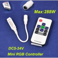 Mini RGB Dimmer mit Funkfernsteuerung. 5-24V, bis 288W