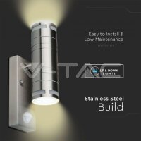 GU10-GLASS WALL FITTING WITH SENOR-STAINLESS STEEL BODY( H:21.5CM )-2 WAY-IP44