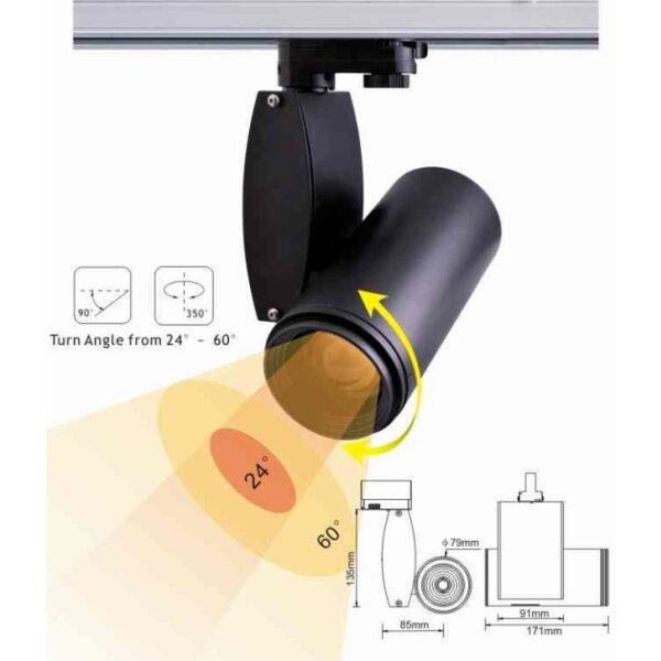 Tracklight, 30W, 24-60° focussierbar, AC85-265V, CRI>80, 3000lm, IP44