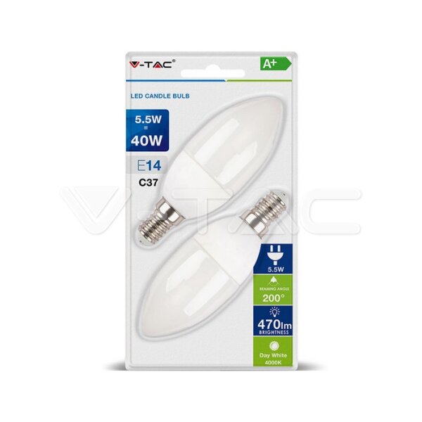 5.5W LED PLASTIC CANDLE BULB 6400K E14 2PCS BLISTER PACK